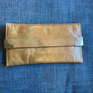 Tan Leather Clutch with Gold Accents
